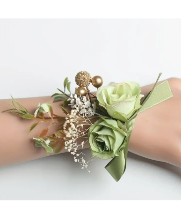 Sage & Gilded Charm Corsage Bracelet in Newmarket, ON | FLOWERS 'N THINGS FLOWER & GIFT SHOP