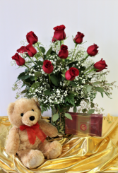 Sandy's Sweetheart Special Dozen Roses, Teddy Bear & Chocolates