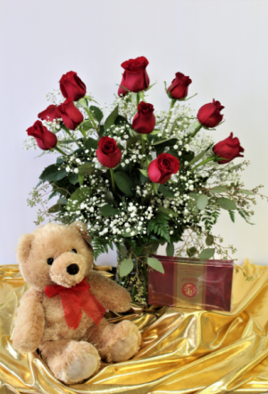 Sandy's Sweetheart Special Dozen Roses, Teddy Bear & Chocolates in Morehead City, NC | Sandy's Flower Shoppe Sandy's Sweetheart Special Dozen Roses, Teddy Bear & Chocolates in Morehead City, NC | Sandy's Flower Shoppe