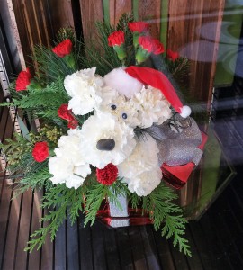 Santa Pup For Christmas Flower Arrangement