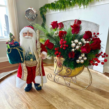 Santa with Gifts Bag & Sleigh Floral Arrangement & Santa