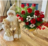 Santa with Teddy & Sleigh  Floral Arrangement & Santa