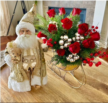 Santa with Teddy & Sleigh  Floral Arrangement & Santa