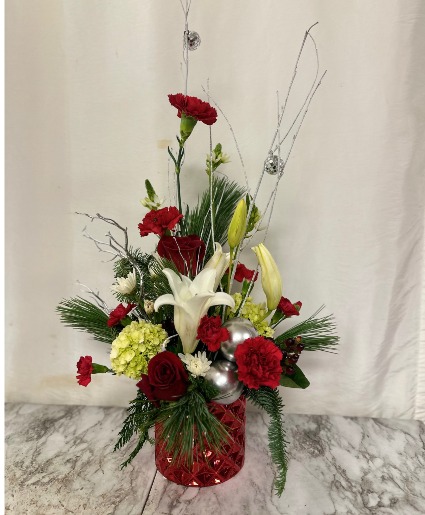 Santa's Helper Ceramic vase with Christmas flowers