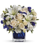 Sapphire Skies Bouquet Glass cube arrangement
