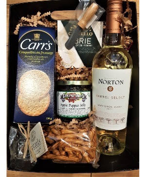 WHITE WINE, CHEESE,CRACKERS & MORE Presented in a black tray