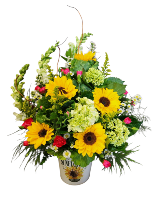Say It With Sunflowers Sunflowers and an array of complimentary seasonal flowers in a keep sake tin