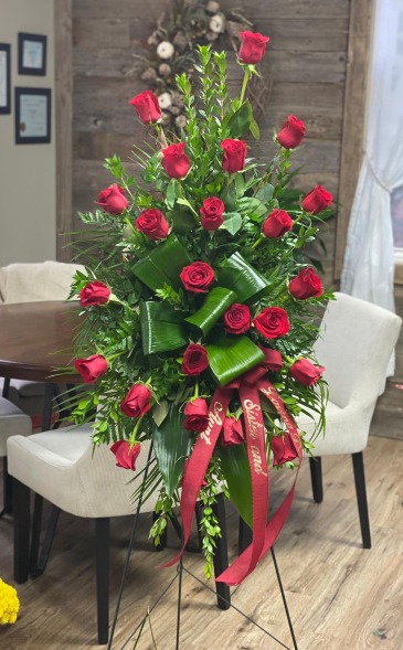 Scarlet Tribute Standing Spray in Columbia, IL | MEMORY LANE FLORAL