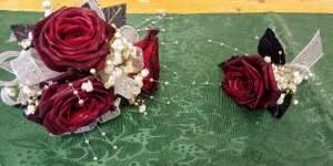 Scarlet & Silver Prom Corsage and Boutonniere Set in Las Vegas, NV | All In Bloom Scarlet & Silver Prom Corsage and Boutonniere Set in Las Vegas, NV | All In Bloom