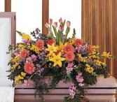 GLORIOUS GARDEN  Half Casket Spray of seasonal flowers. Lillies, gerbera daisies, snapdragons, tulips, blue delphinium and more. ( some flowers are seasonal and not always available so we may substitute)