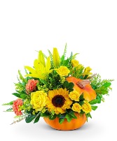 Seasonal Sunkist Pumpkin Flower Centerpiece Arrangement