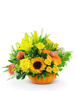 Seasonal Sunkist Pumpkin Flower Centerpiece Arrangement