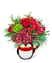 Send a Cranberry Hug Penguin Keepsake Mug Flower Arrangement