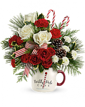 Send a Hug North Pole Cafe Mug Floral Arrangement
