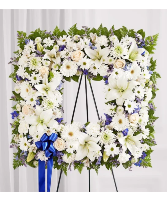 Sentimental Solace Wreath - Blue & White sympathy arrangements