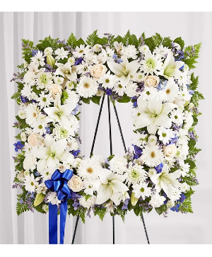 Sentimental Solace Wreath - Blue & White sympathy arrangements