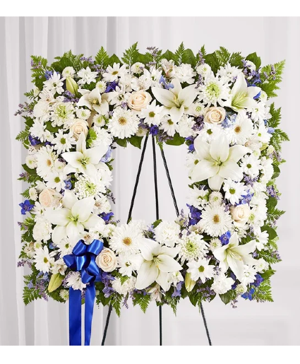 Sentimental Solace Wreath - Blue & White sympathy arrangements