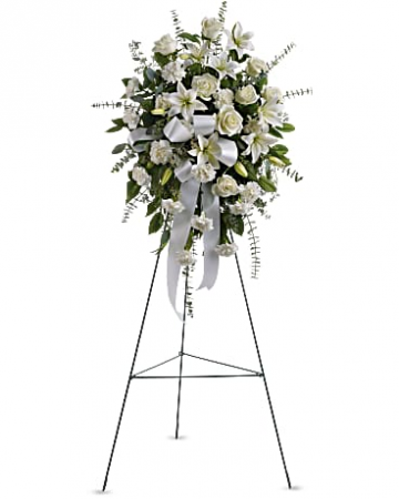Sentiments of serenity stand standing spray all white in Berkley, MI | DYNASTY FLOWERS & GIFTS