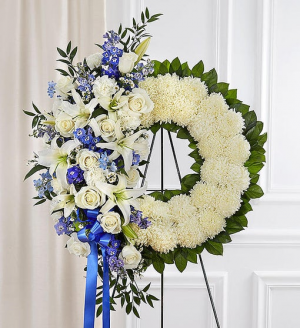 Serene Blessing Standing Wreath - Blue & White Standing Sprays & Wreaths