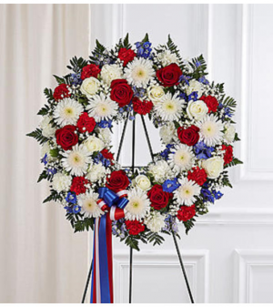 Serene Blessings Red, White & Blue Standing Wreath Arrangement in Croton On Hudson, NY | Cooke's Little Shoppe Of Flowers Serene Blessings Red, White & Blue Standing Wreath Arrangement in Croton On Hudson, NY | Cooke's Little Shoppe Of Flowers