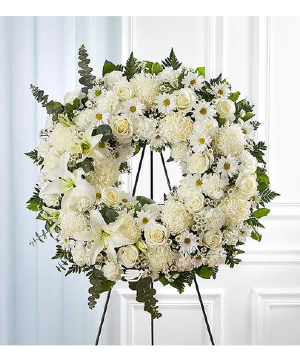 Serene Blessings Standing Wreath All White Sympathy Flowers