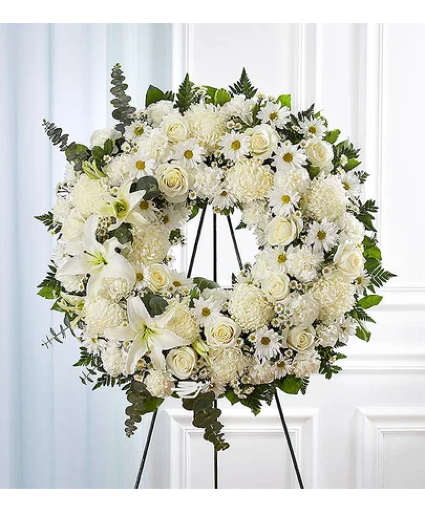 Serene Blessings Standing Wreath All White Sympathy Flowers