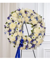 Serene Blessings Standing Wreath- Blue and White Sympathy Flowers