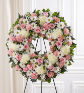 Serene Blessings™ Standing Wreath- Pink & White Sympathy Arrangement