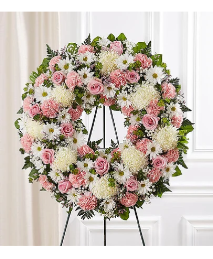 Serene Blessings Standing Wreath- Pink & White Sympathy Flowers