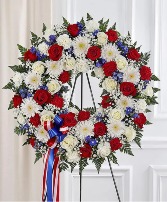 Serene Blessings™ Standing Wreath- Red, White & Bl sympathy arrangements