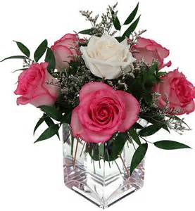 5 PINK ROSES AND 1 WHITE ROSE ARRANGED IN A RECTANGULAR VASE!! (Seasonal filler)