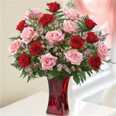 Shades of Pink & Red in Red Vase Arrangement