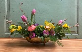 Shades of Spring  centerpiece in premium gold metal dish 