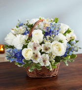 showing your love-  white with blue floral arrangement