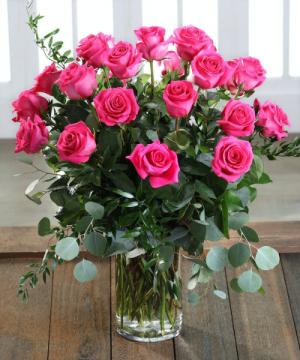 Signature Luxurious Hot Pink Dozen Roses Vase arrangement 