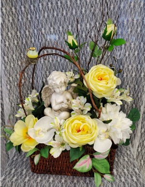 Silk Arrangement in Basket w Cherub Angel 