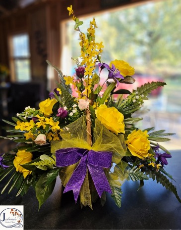 Silk basket arrangement of purples and yellows  in Broken Bow, OK | Johnna's Petals & More LLC