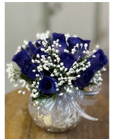 Silk Deep Purple Roses in Crystal bowl Silk