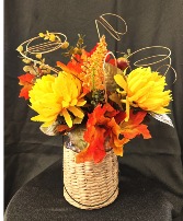 Silk Fall Bouquet Silk Flowers in Handle Basket Covered Vase