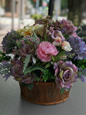 silk flower basket  available in silk and fresh variable sizes tree bark handle baskets 