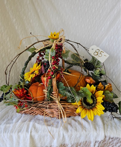 Silk Flowers and Pumpkin Basket 