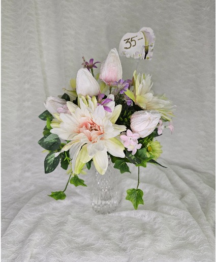 Silk Flowers in Small Crystal Vase 