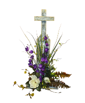 Silk Flowers on Standing Cross 