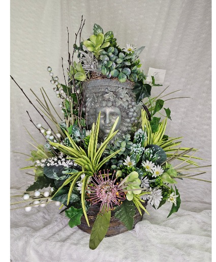 Basket w/ Face Statue Silk Flowers & Greenery 