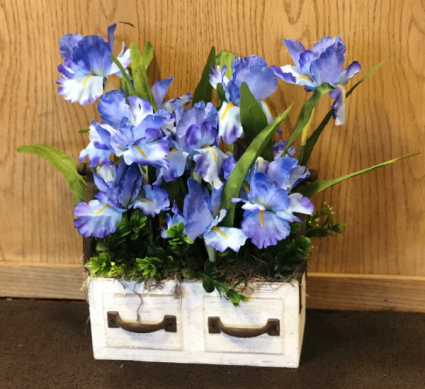 Silk Iris in wood drawer Silk Arrangement