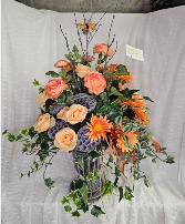 Silk Orange and Peach Flowers w/ Pea Pods in Urn 