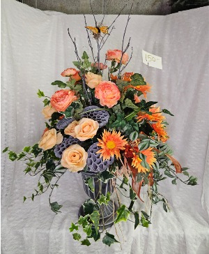 Silk Orange and Peach Flowers w/ Pea Pods in Urn 