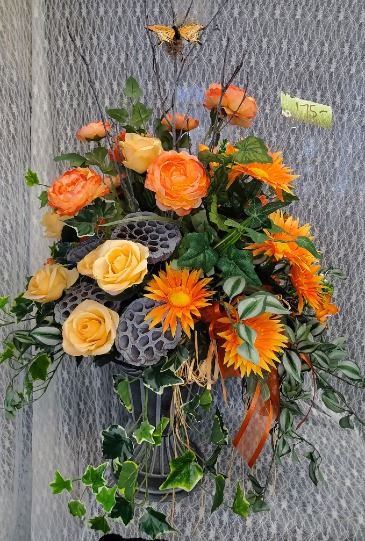 Silk Orange and Peach Flowers w/ Pea Pods in Urn  in Fort Wayne, IN | MORING'S FLOWERS & GIFTS, INC.