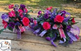 Silk Pink and Purple Cemetery Florals Silk saddle and matching vase