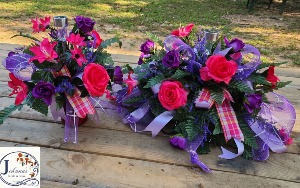 Silk Pink and Purple Cemetery Florals Silk saddle and matching vase